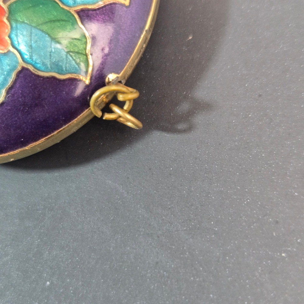 Vintage Cloisonne Enamel Hibiscus Flower Pendant Purple Orange Tropical Floral - Picture 7 of 8